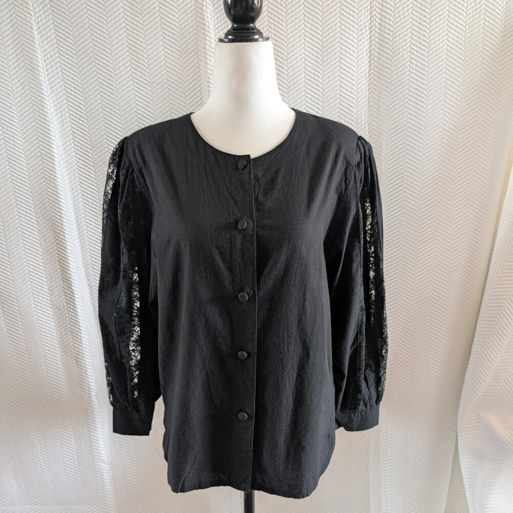 Black Blouse Balloon Sleeves Lace Stripe Button Down Small Medium Whimsigoth